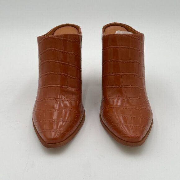 FOWT Brown Crocodile Embossed Mules Chunky Stacked Heel Pointed Toe Slippers - Picture 3 of 6